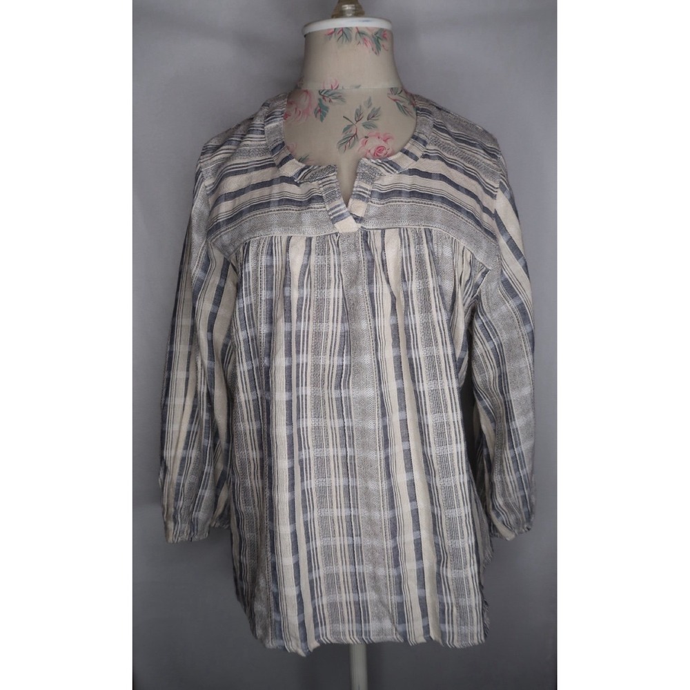 Knox Rose Striped Peasant Blouse Blue Cream Split Neck Boho Women's M NWT Top